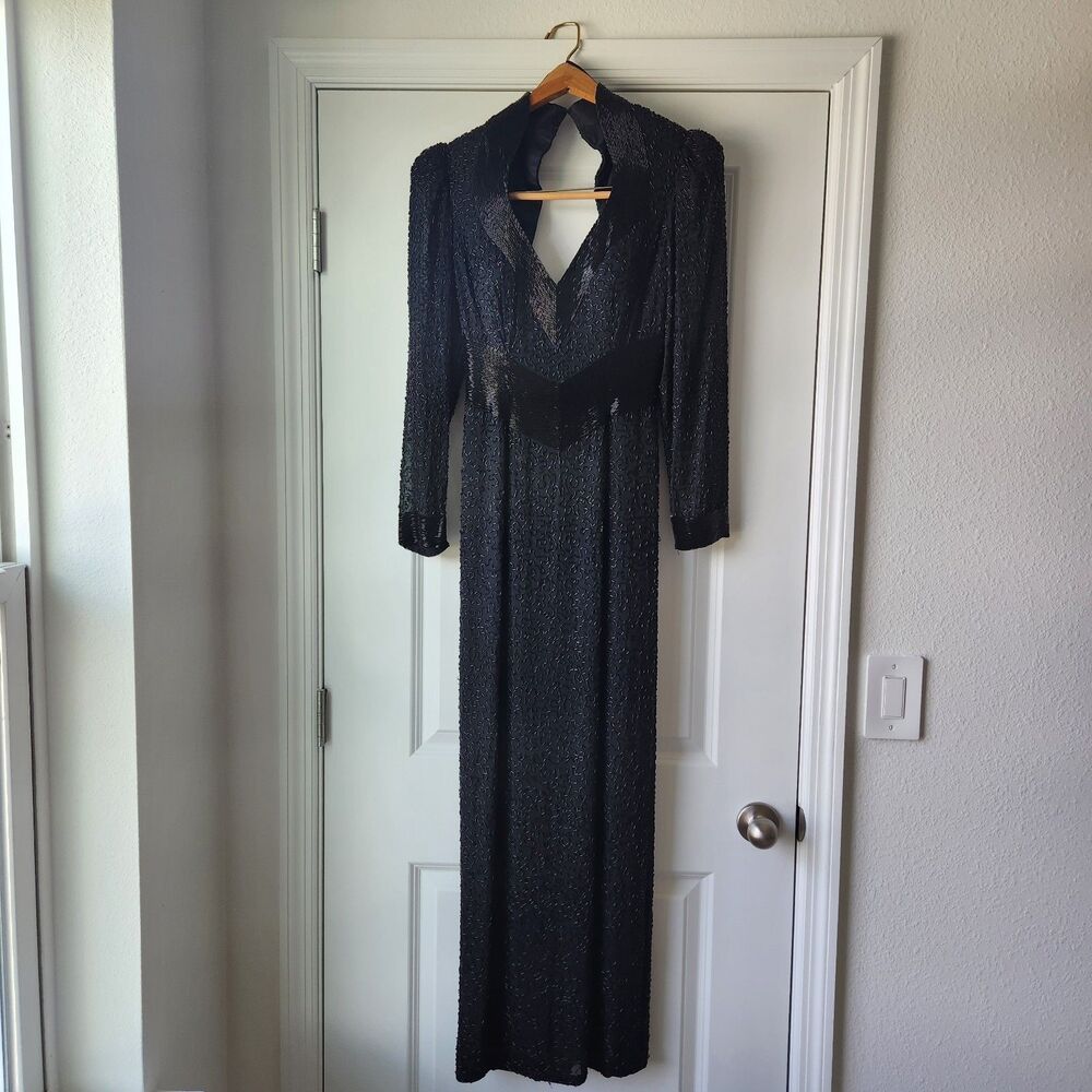 Lillie Rubin Exclusive Beaded Long Sleeve, Open Back Black Silk Formal Gown Sz 6